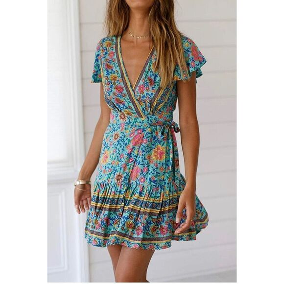 NEW R.Vivimos Wrap Bohemian Ruffle Floral Short Sun Dress XS 0-2 - Picture 3 of 5